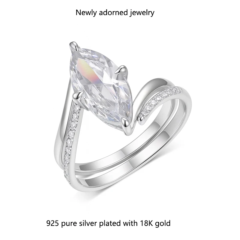 

S925 silver horse eye 3.0 carat moissanite ring, stackable ring, curved band, stone setting, gold color, luxurious fashion women