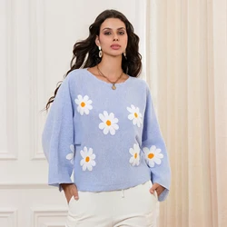 Flower Embroidered Loose Knit Sweater Women Sweet Long Sleeve Boat Neck Pullovers Fall Winter Casual Jumpers Tops