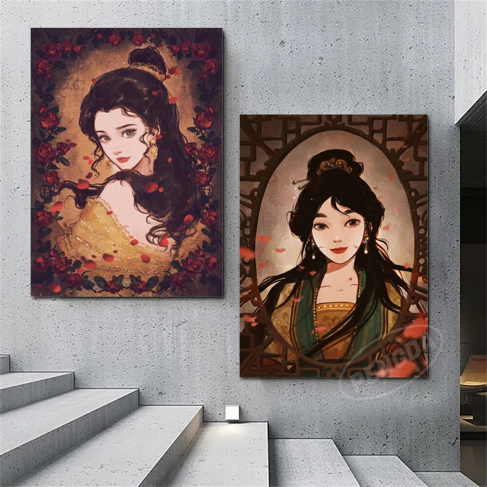 Wall Art Disney Princess Home Decor Snow White Canvas Jasmine Printed Painting Ariel Poster Living Room Mulan Pictures No Frame