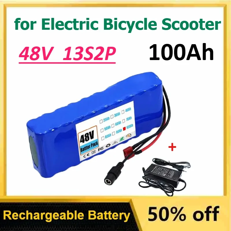 

48V 100Ah 13S2P Rechargeable Lithium Ion Battery Pack for Electric Vehicle Bicycle and Scooter with 54.6V 2A Charger with BMS