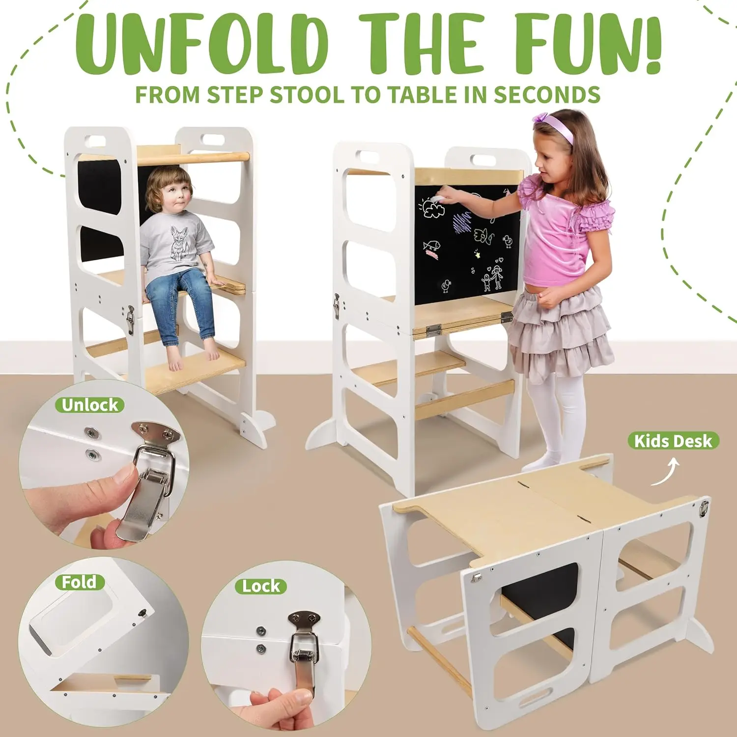 Banqueta para cozinha para crianças – Torre infantil dobrável leve e extra estável com trilhos de segurança e degraus largos – 4 em 1 T