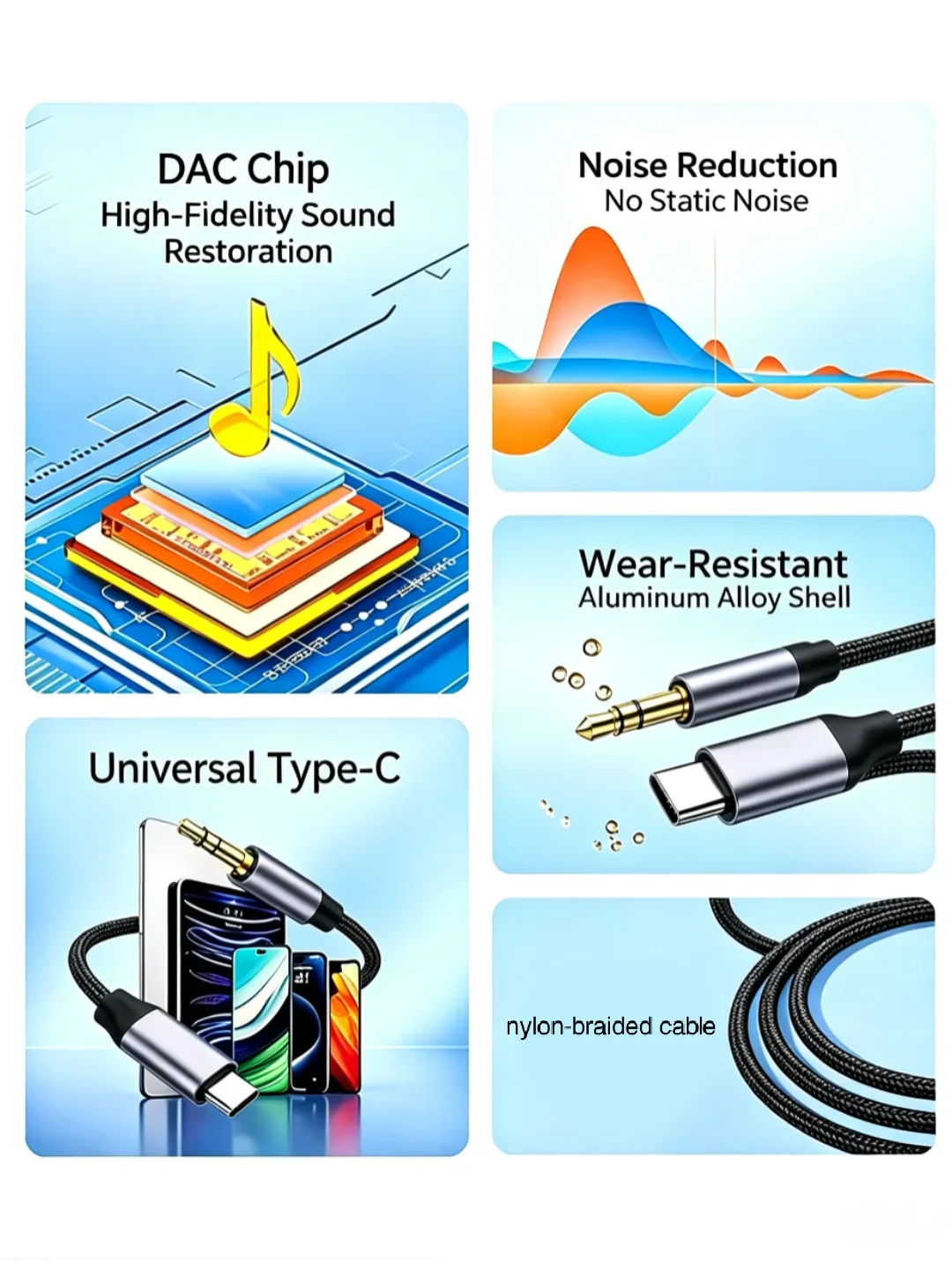 USB A & USB‑C to 3.5mm AUX Audio Cable, Nylon Braided Hi‑Fi Stereo Aux Cord for Car, Speaker, Headphones, Android Phones