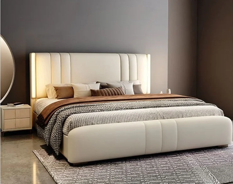 Modern Luxury Queen King Led Light Bed for Hotel Villas Soft Storage Revolving Fabric Upholstered Bedroom Set with Wooden Frame