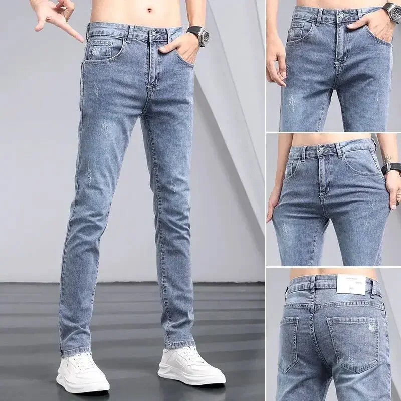 

2024 Trendy Men's Jeans Spring Autumn Korean Slim-fit Denim Pants Casual Stretchy Trousers Skinny Legs Designer Trousers Q01