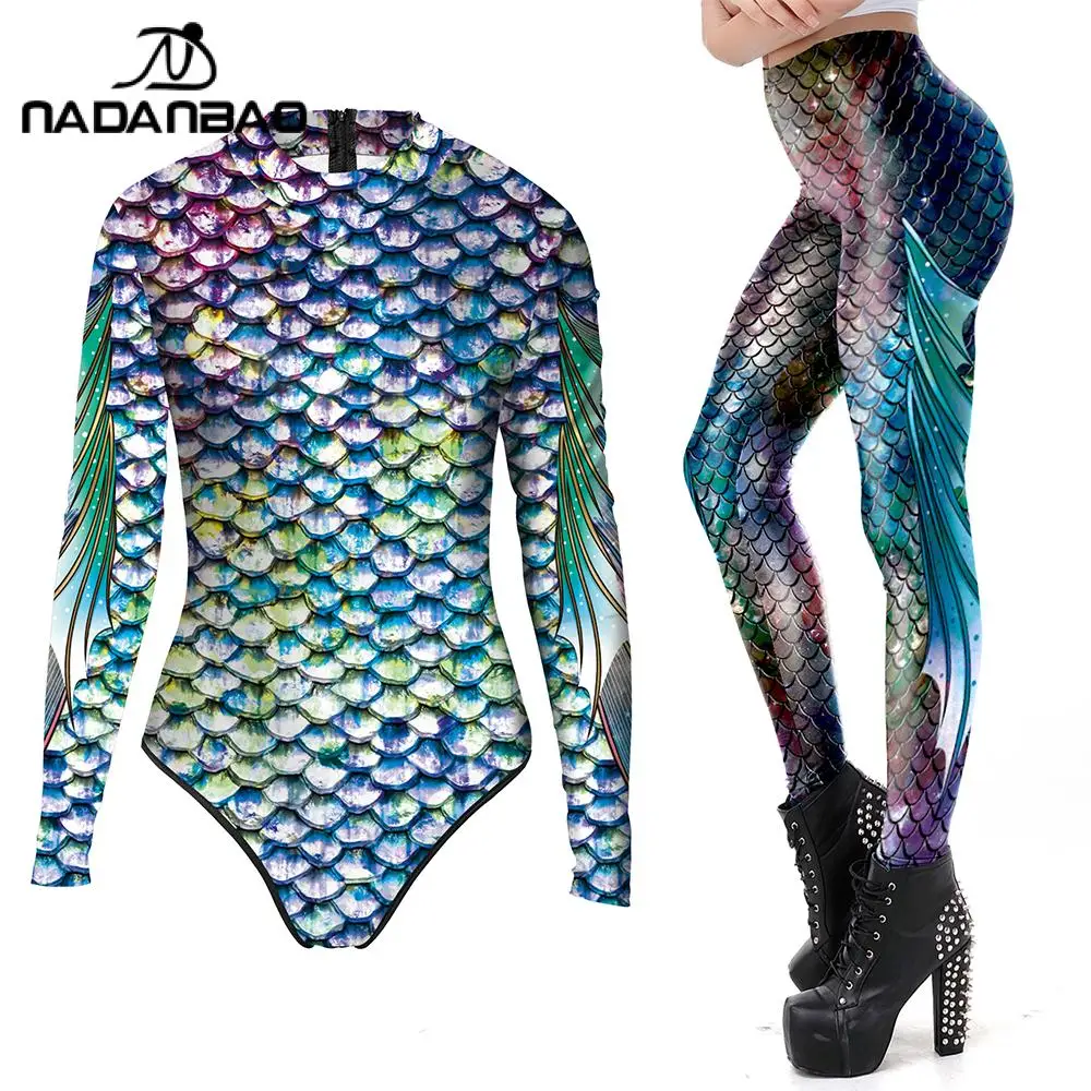 

Nadanbao 2pcs/set Swimwear for Women Summer Mermaid Fish Scales Pattern Swimsuit Leggings Beach Party One Piece Pants Fashion