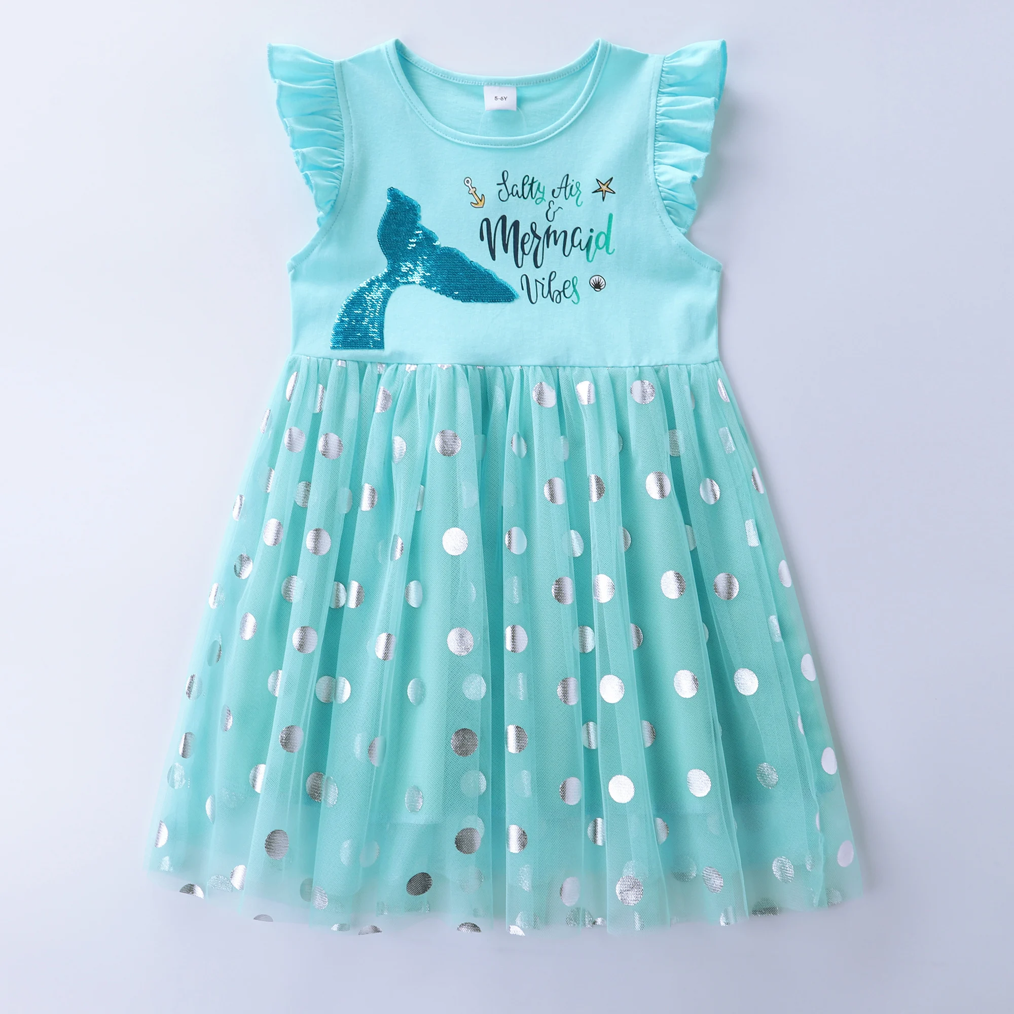 Girls' Summer Cotton Mermaid Embroidered Dotted Mesh Princess Dress SH1803