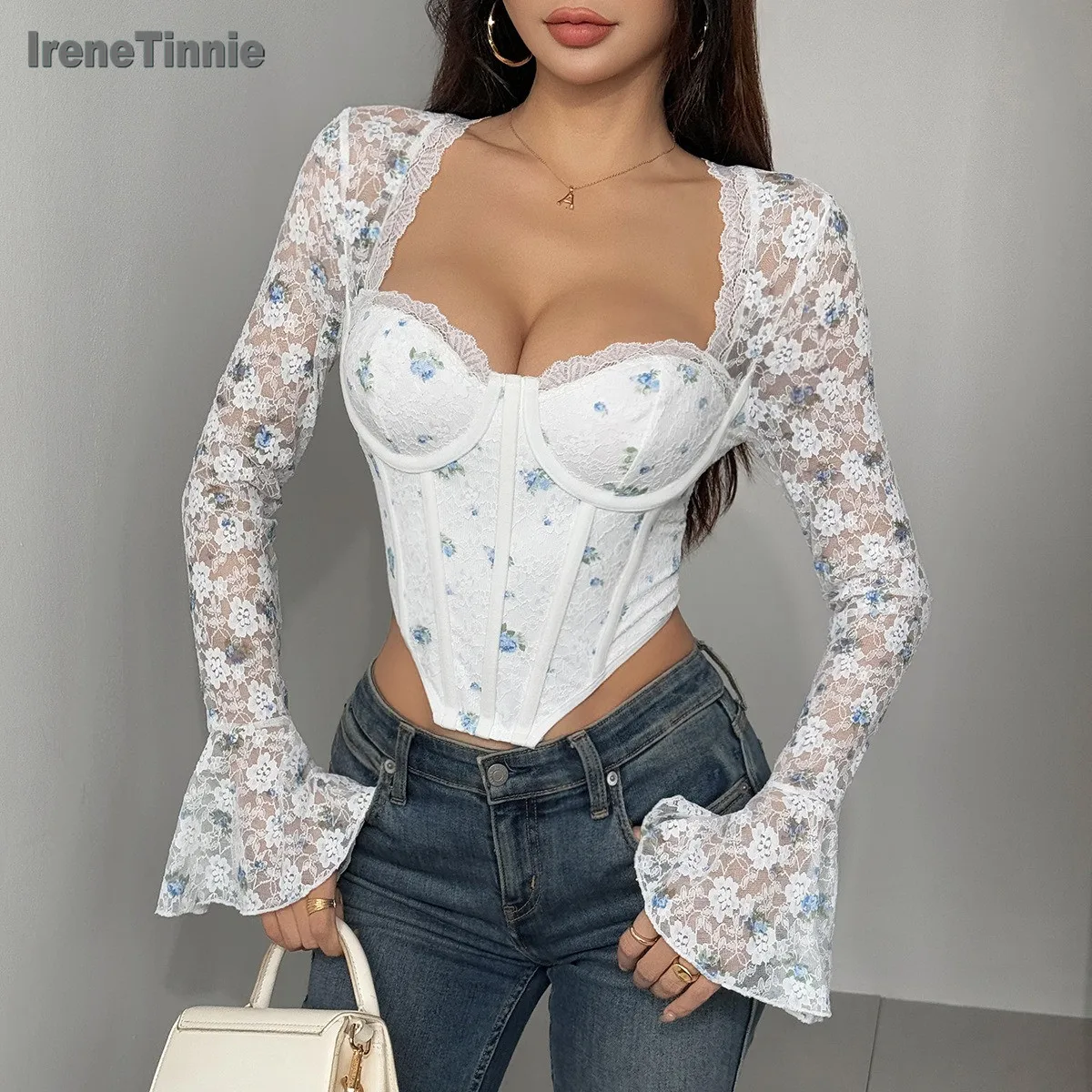 

IRENE TINNIE Корсет с длинными рукавами Топ с квадратным воротником Кружевная сетка Прозрачная бретелька с рыбьей косточкой Цветочный Y2K Свидание Ночной клуб Вечеринка БлузкаMujer