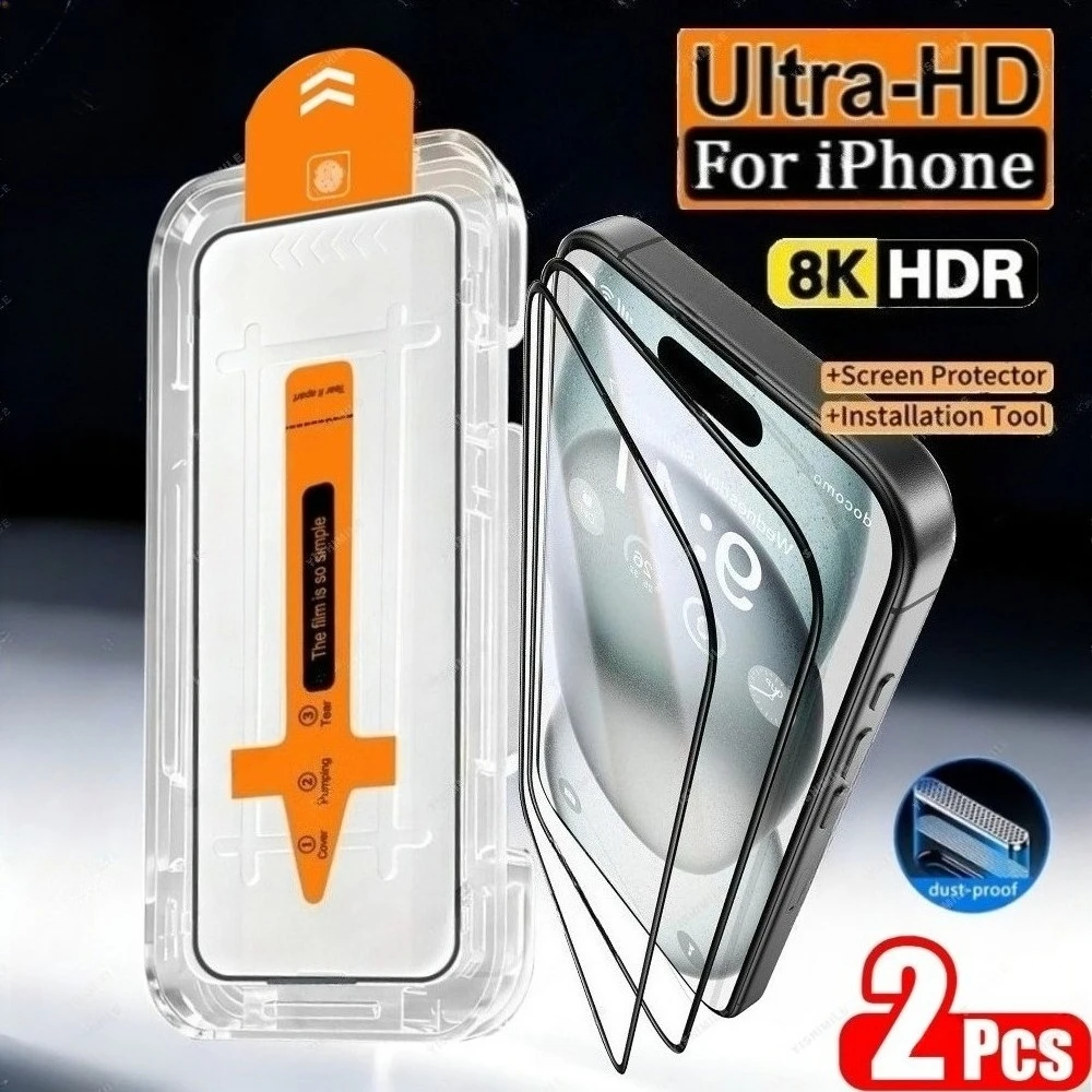

2Pcs Ultra Clear Screen Protector for iPhone 17 16 15 14 Pro Max Air 13 12 11 Pro Mini 16 15 Plus One Click Installation Glass