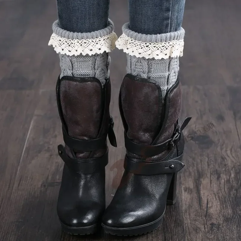 Knitted Woolen Leg Warmers Warm Sock Boots Cover Autumn / Winter Short Lace Sock Cover for Women SA291