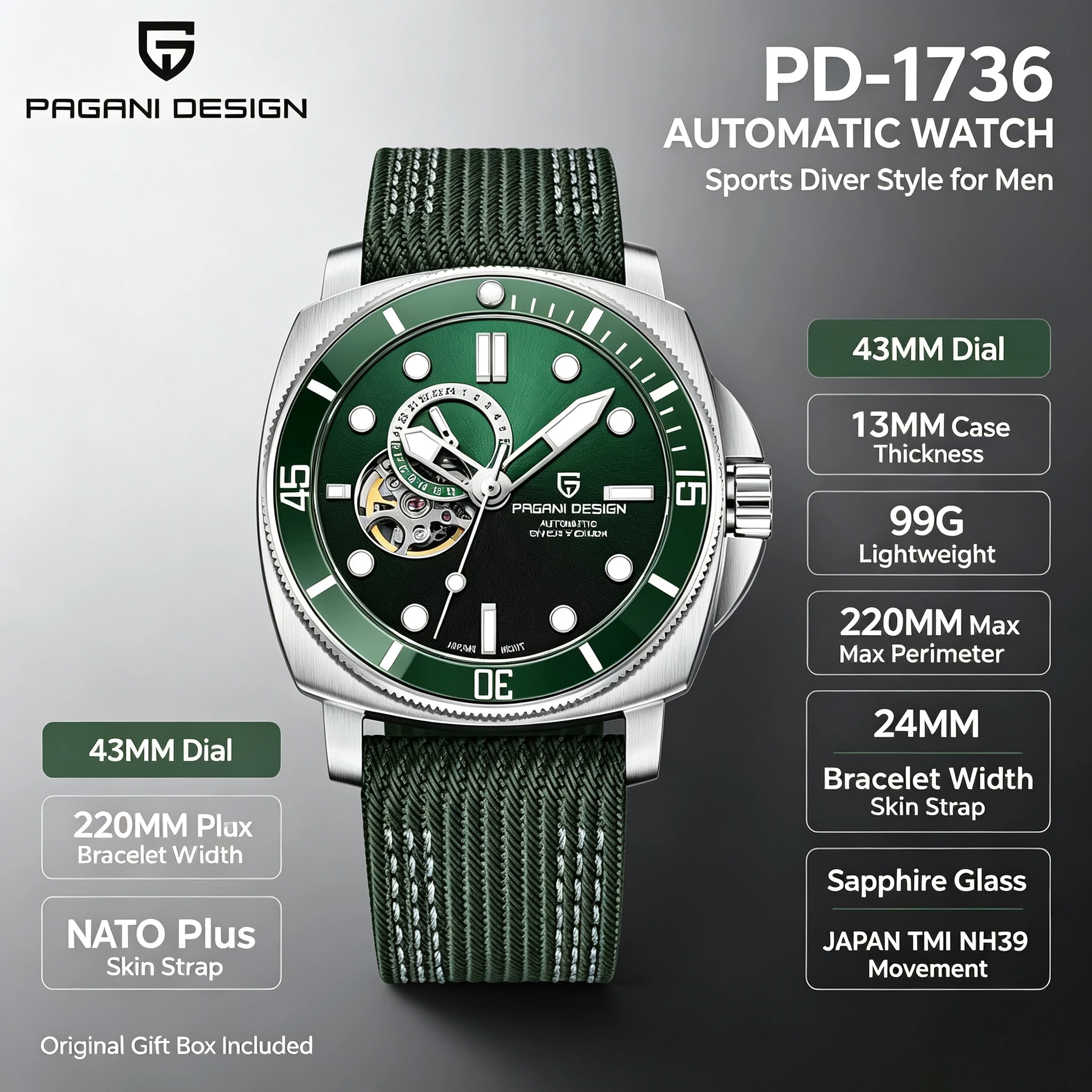 PAGANI DESIGN Men Automatic Mechanical Watch Casual Fashion Sapphire Stainless Steel Diving Waterproof Clock PD1736