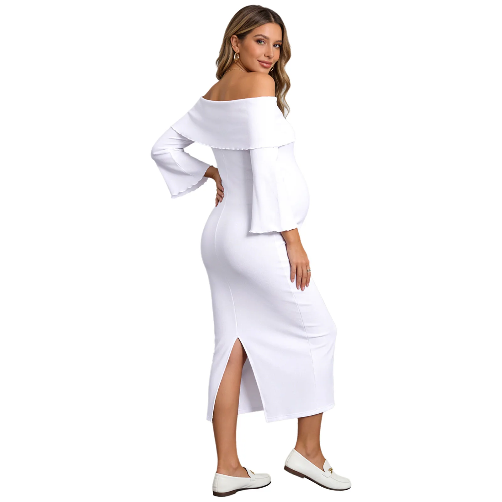 Womens Maternity Off Shoulder Bodycon Maxi Dress Long Flared Sleeves Ruched Party Formal Wedding Guest Dresses Pregnant Gown