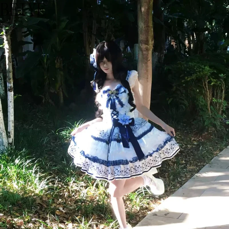 Blue and White Lolita Jsk Suspender Dress Women's Japanese Style Sweet Lolita Dress Female Birthday Party Princess Dress