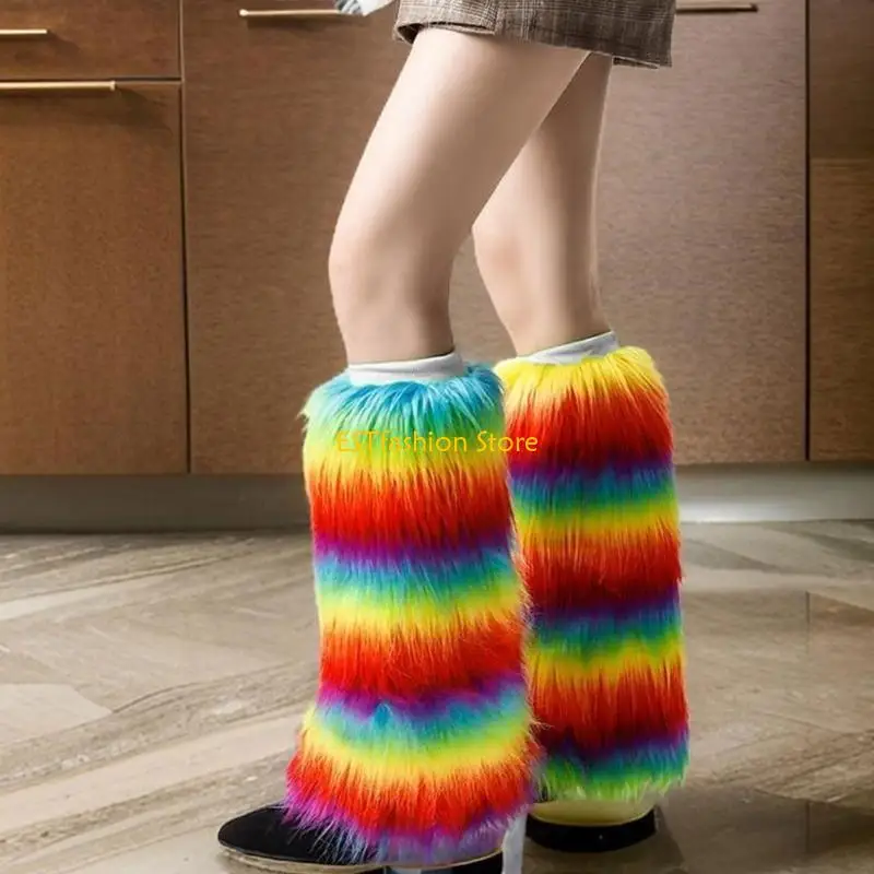 Y5gc Frauen Vintage Regenbogen farbenfrohe Plüsch Bein wärmere Fuzzy verdickte Toppers Manschetten Pelzige Bein Cover – Detail 5