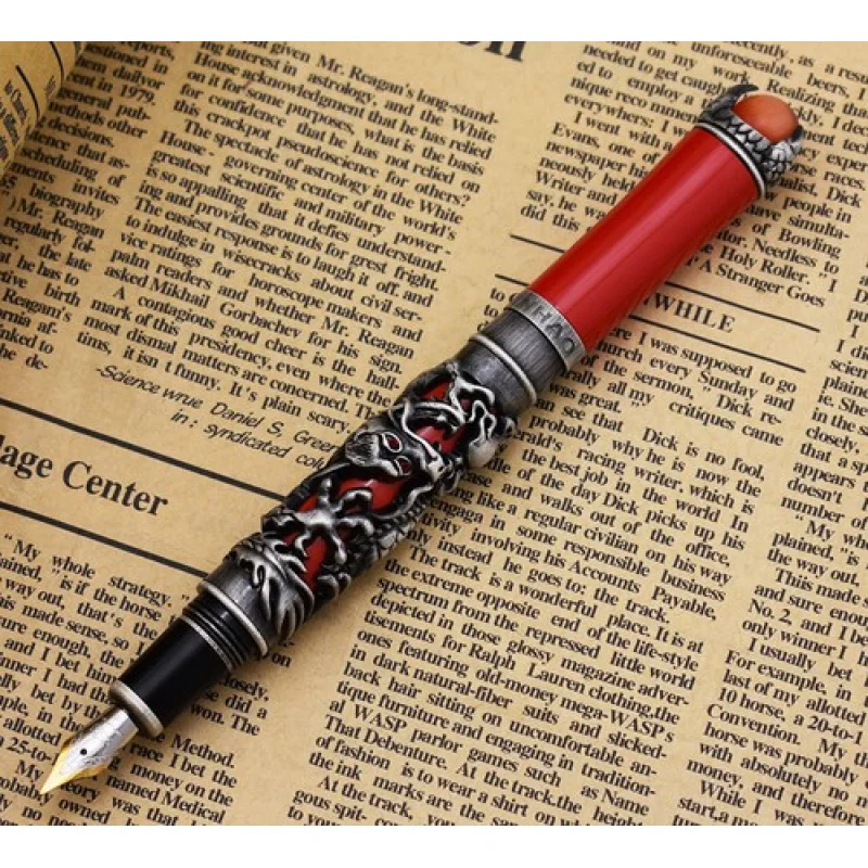 

A+ новая винтажная перьевая ручка Jinhao Dragon King, уникальная серо-красная крышка с тиснением