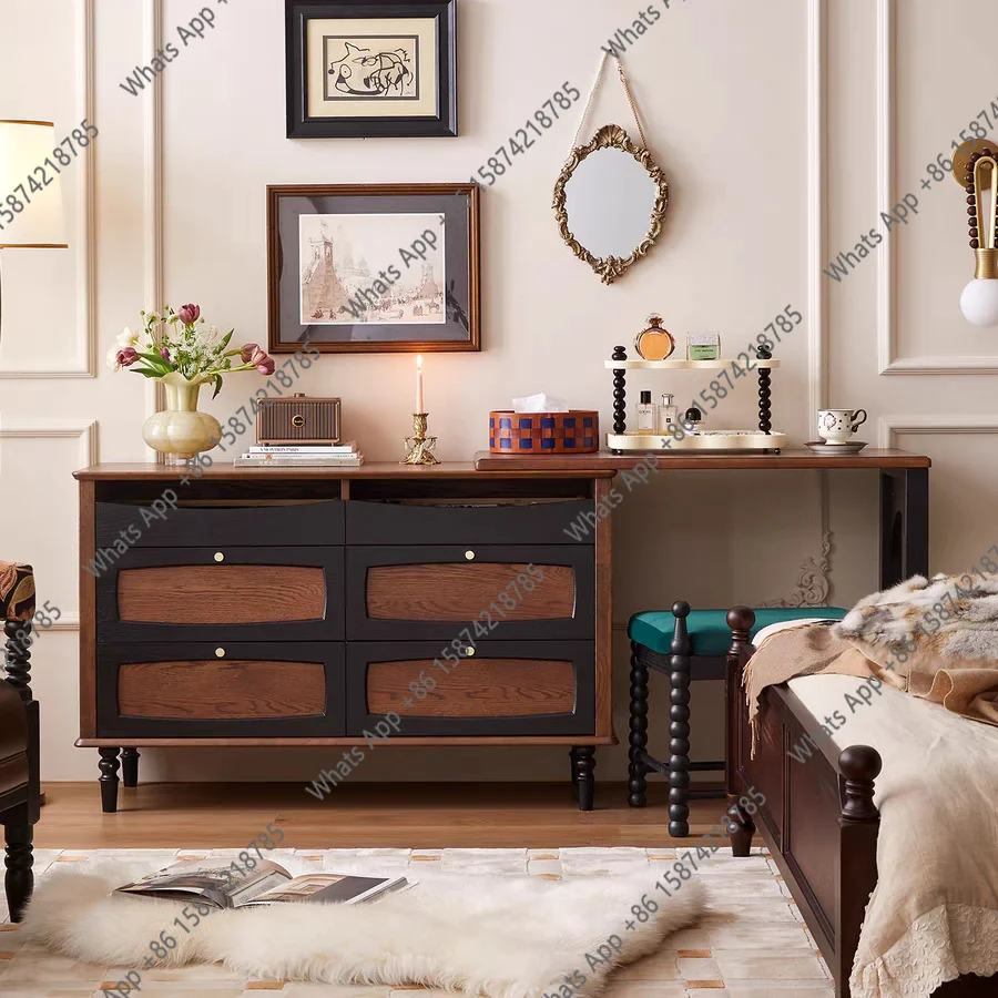 

French medieval style solid wood dresser chest cabinet integrated light retro bedroom retractable makeup table bedside cabinet