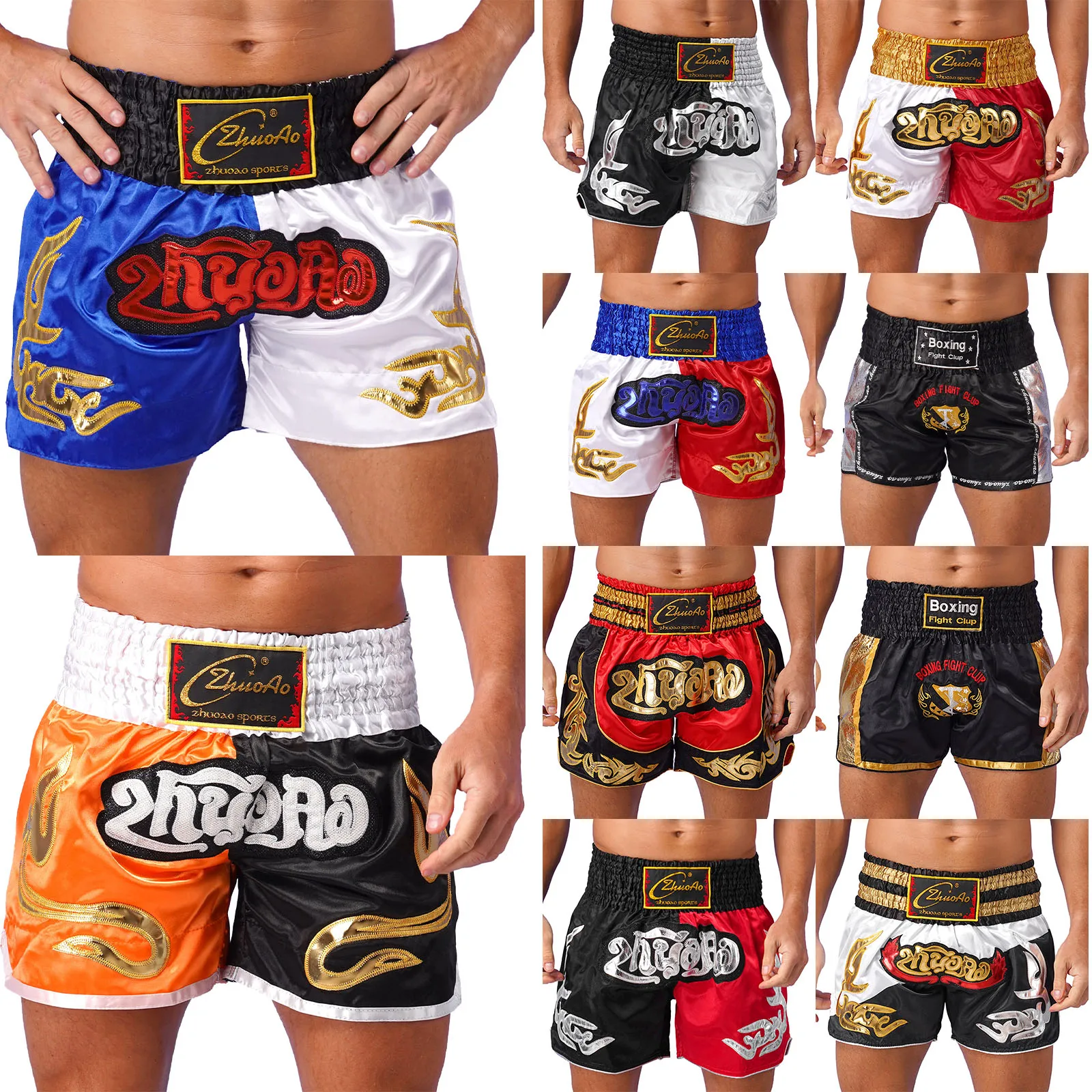 Mens Muay Thai Shorts Martial Arts Training Boxer Shorts Elastic Ruched Drawstring Hand-Embroidered Totem Kickboxing Bottoms