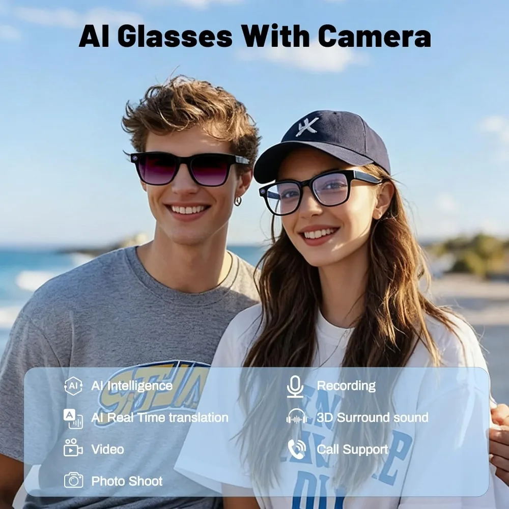 AI Translation, Bluetooth Calling, 8-hour Music Playback Smart Glasses, Purple Lens With Camera, Audio - view 2