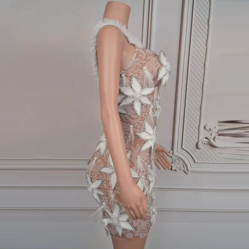 Flower Rhinestones Evening Dresses Women Celebrate Gogo Costume Nightclub Bar Dj Ds Party Stage Festival Outfit