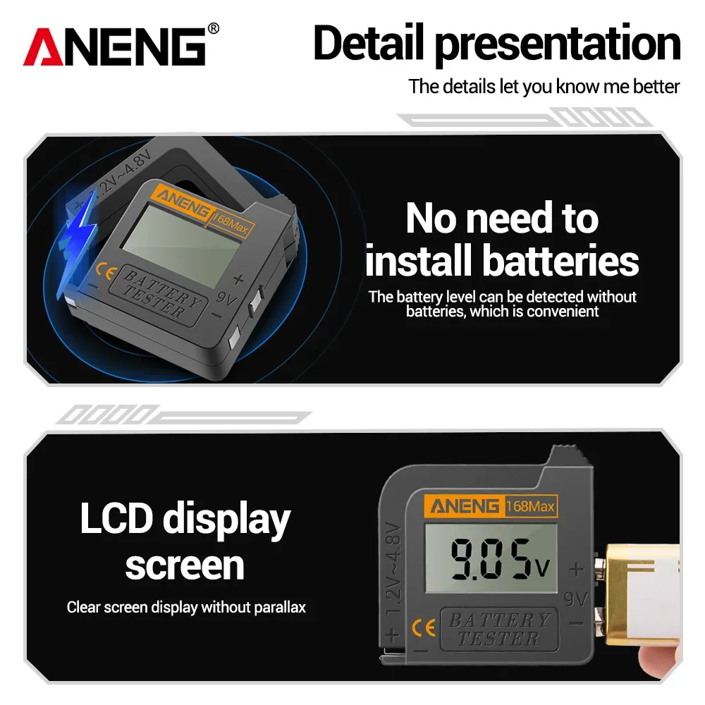ANENG Digital Battery Capacity Tester 168Max AA/AAA/1.5/9V/C/D 3.7V Lithium Battery CR2032/LR44 Button Cell Battery Volt Measure