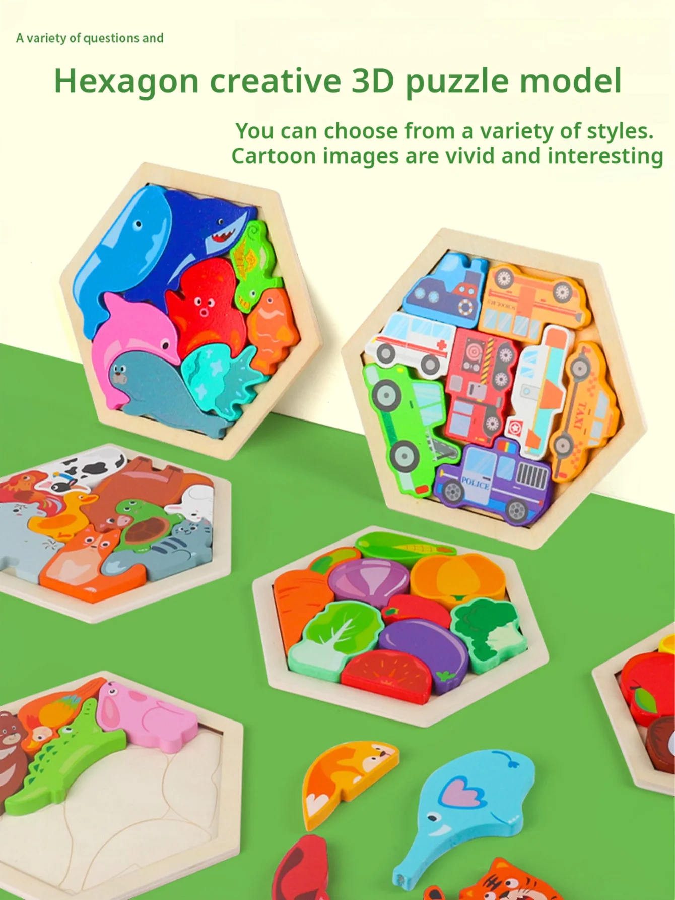 

Wooden Creative 3D Cartoon Panel Puzzle Stacked Building Blocks Baby Early Education Hexagon Toys For Birthday Gift