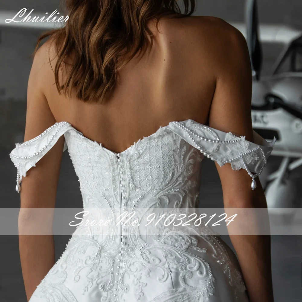 Lhuilier Abiti da sposa in raso personalizzati con linea A e spalle scoperte Abiti da sposa con perline e strascico