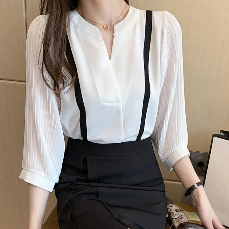 Chiffon V Neck Elegant Blouse Women Casual Korean Fashion Sweet Shirt Summer Patchwork Three Quarter Sleeves Office Lady Tops