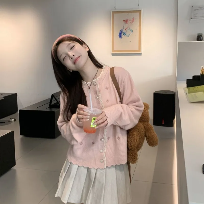 Sweet Embroidered Lace Sweater Women Autumn Winter Loose Knitting Cardigan Coat Fashion All-match Office Lady Knitwear Tops