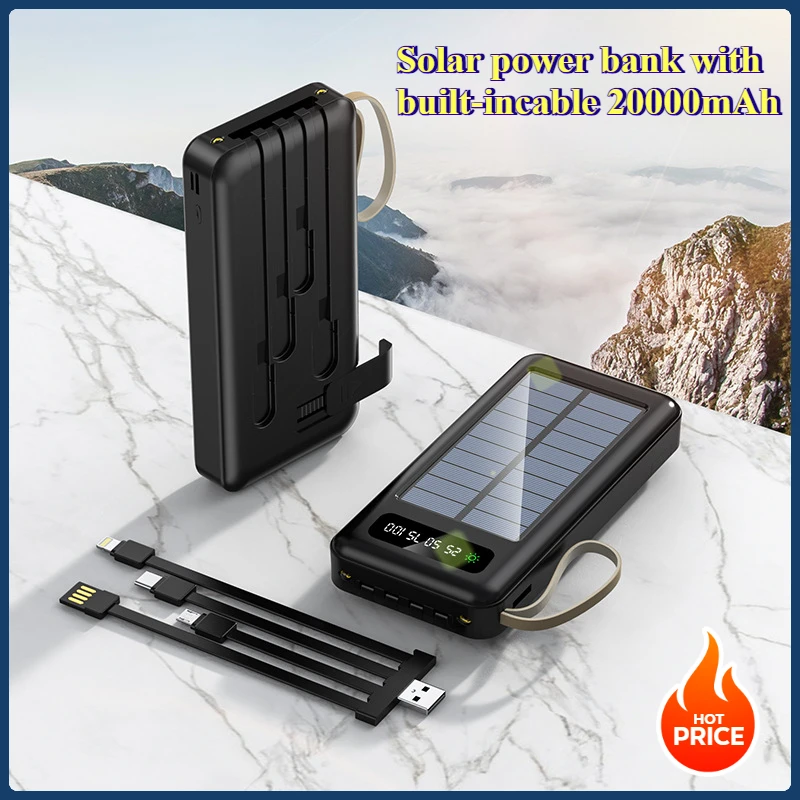 

20000mAh Cross-border Outdoor Emergency Solar Power Bank with Built-in Cable Large Capacity Thin and Portable Power Bank