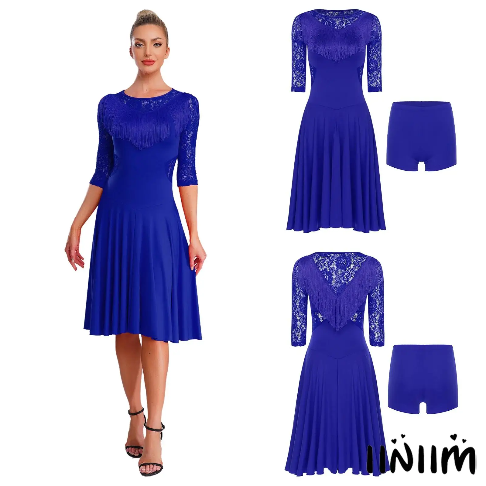 Costume de danse Tango Samba pour femmes, élégant, dentelle florale transparente, pompon fluide, robe de Salsa latine avec short pour danse Chacha Rumba