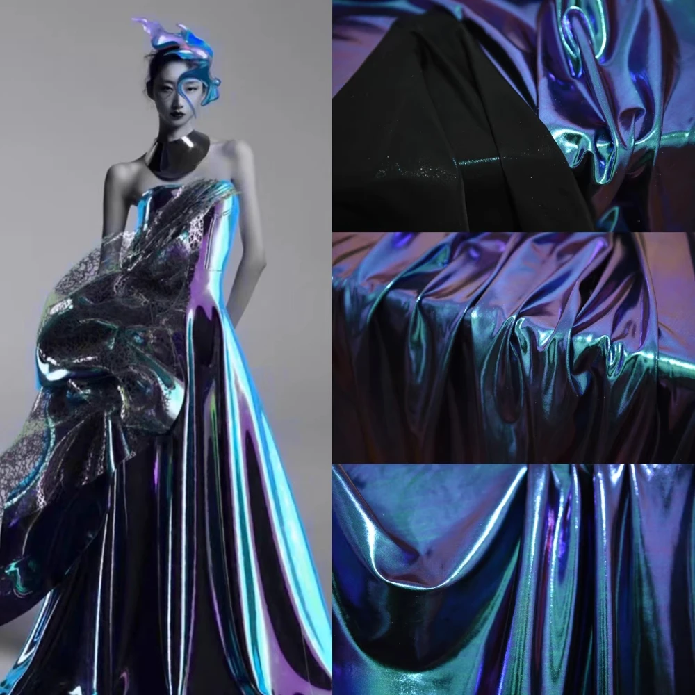 

Градиентная переливающаяся фиолетово-синяя голографическая ткань, эластичная для 2D кукольной одежды, дизайнерский сценический костюм для ночного клуба