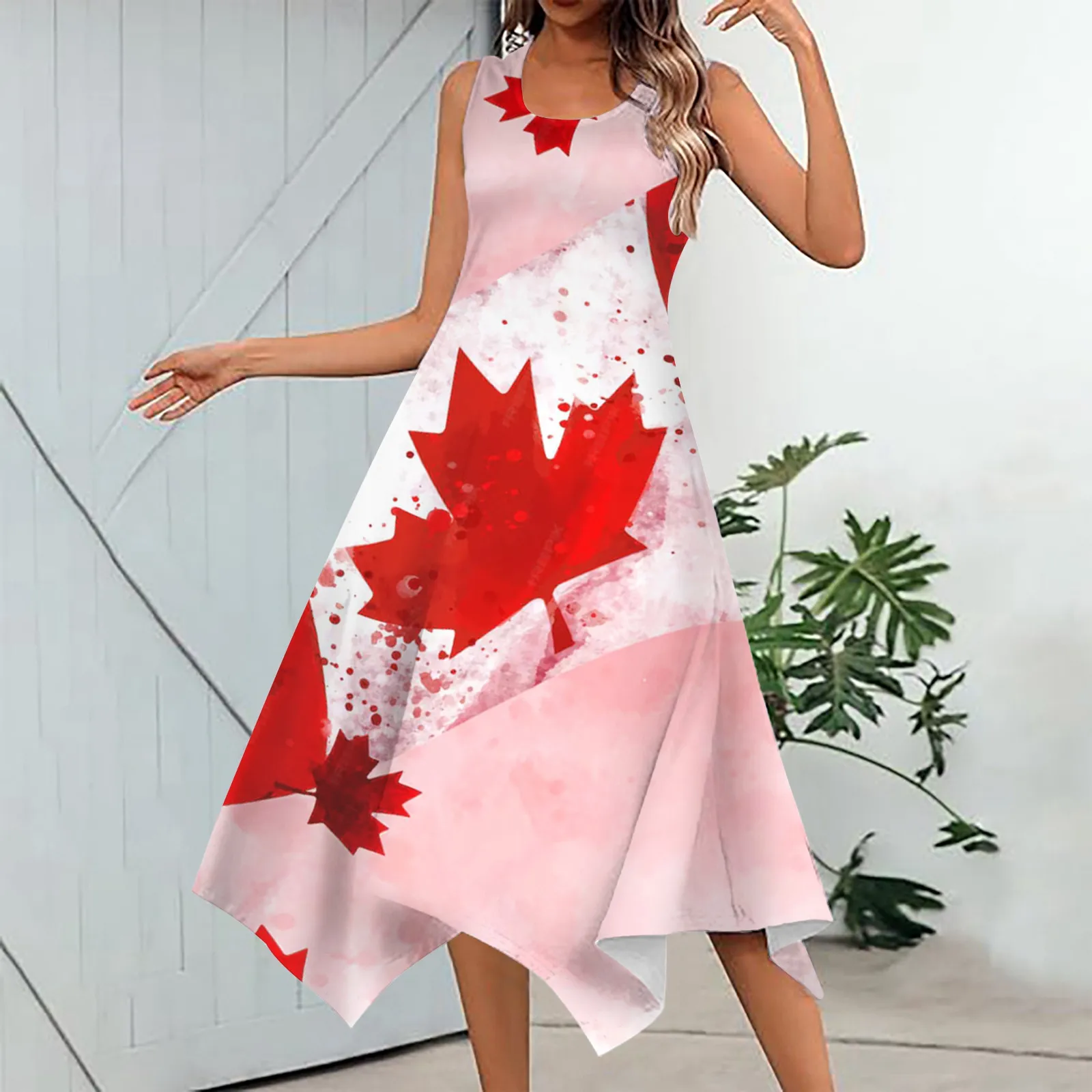 

Women's Fashion Spring And Summer Canada Independence Day Print Irregular Hem Round Neck Sleeveless Womens Long Dresses Casual