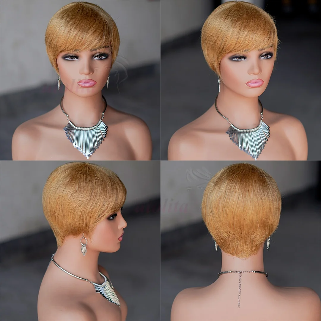 Blond 613 Kurze Pixie-Cut Echthaarperücke mit Pony für schwarze Frauen 1B # Brasilianische glatte Remy-Haarperücke, Bob-Schnitt, vollständig maschinell gefertigt – Detail 21