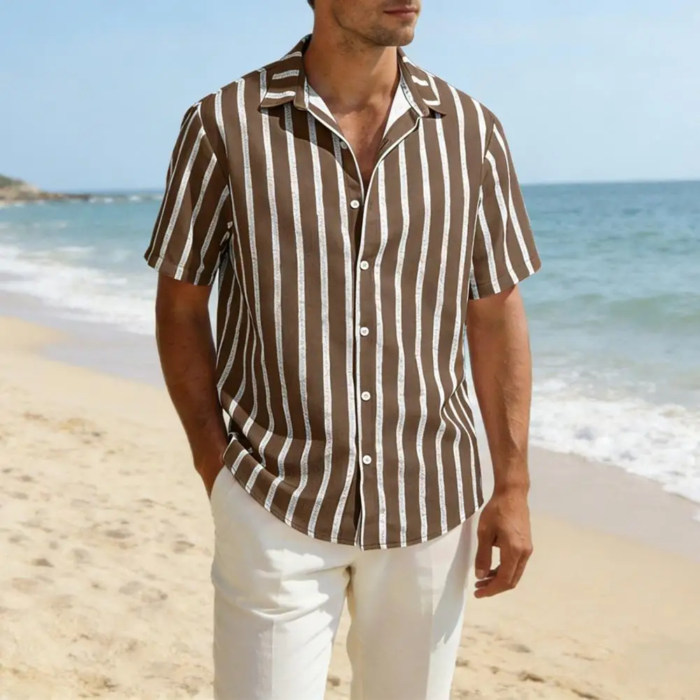 

2026 Stylish Men Striped Top Summer Shirt Short Sleeve Turndown Collar Button-up Shirt Casual Loose Fit Holiday Shirt for Male