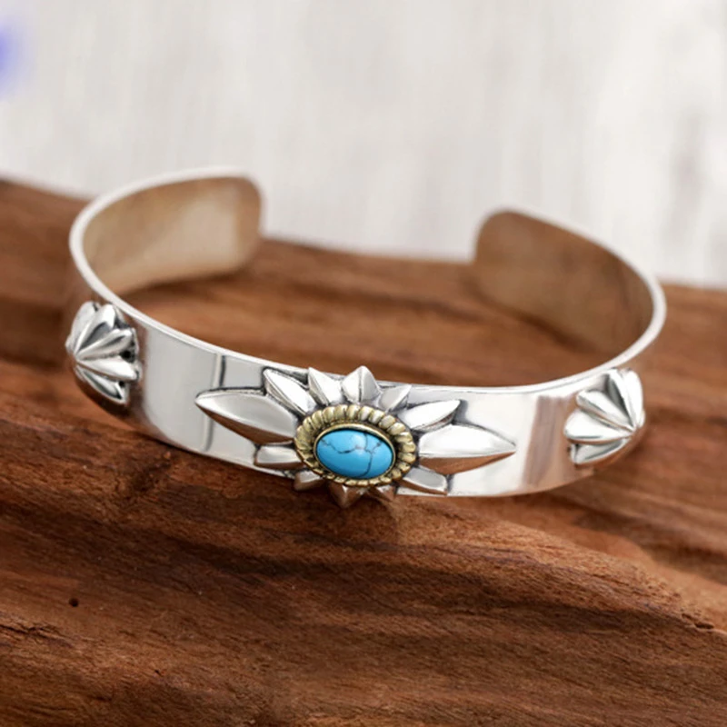 OUYADI 925 Sterling Silver Vintage Sunflower Turquoise Inlaid Adjustable Cuff Bracelet Unisex Present