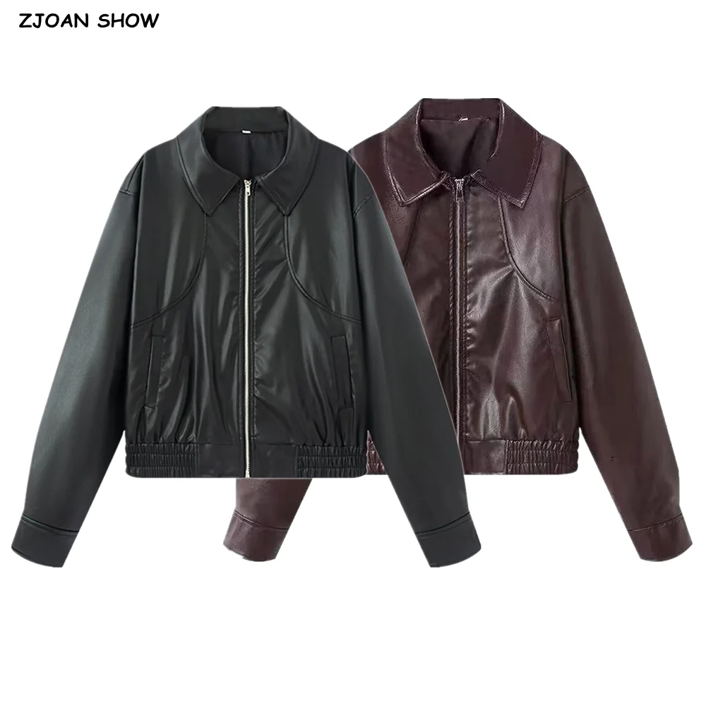 

2025 American Retro Black PU Leather Jacket The Spice Girls Lapel Elastic Hem Zipper Bomber Coat Women Y2K Loose Outerwear