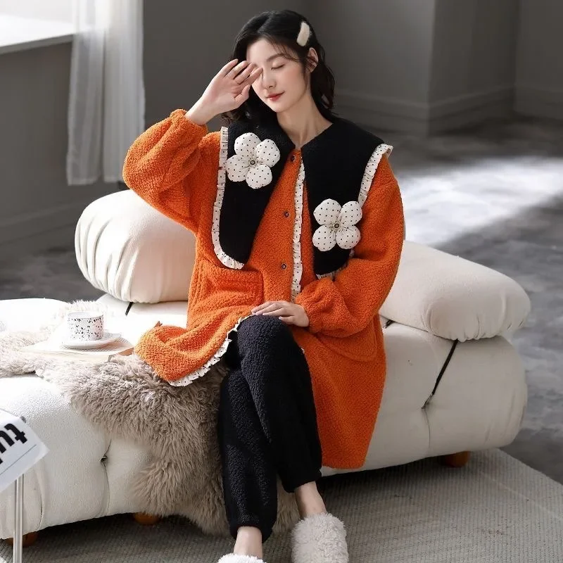 Women's Sleepwear Coral Velvet Autumn and Winter 2024 New Warm Velvet and Thick Ice Cream Velvet Medium Long Home Wear Simple