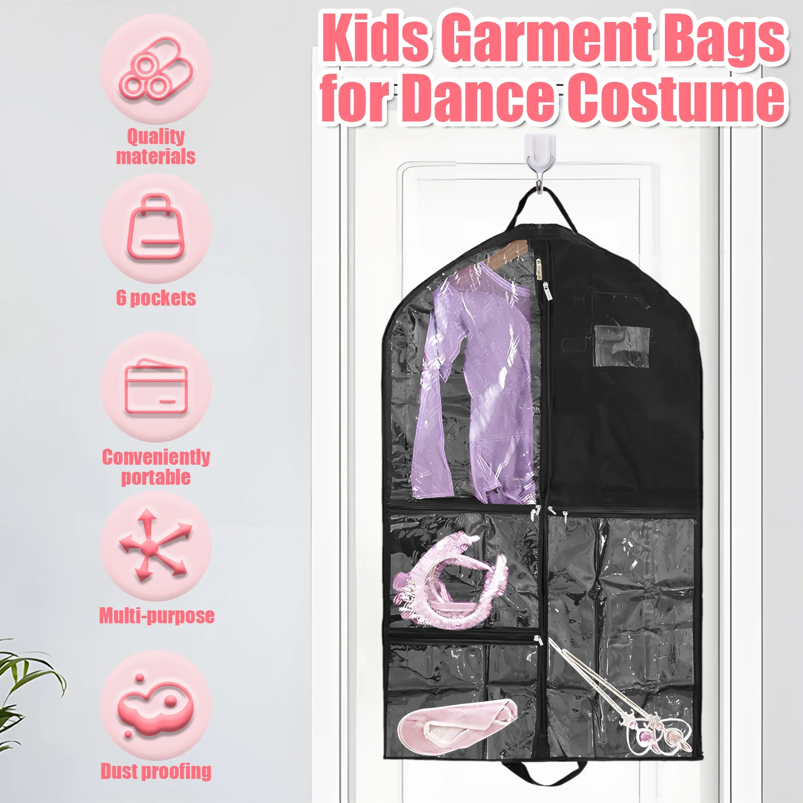 2Pcs Kids Garment Bag Dustproof Clothes Storage Bags Breathable Dance Recital Bag with 6 Pockets Garment Protector Kit for Home