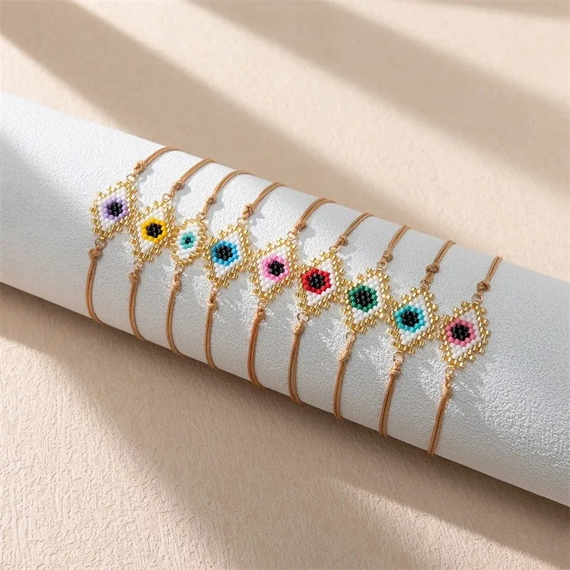 Bohemia Adjustable Rice Bead Bracelet with Geometry Eye Design - Multiple Colors Hand-Woven Simple Compact Versatile Accessory