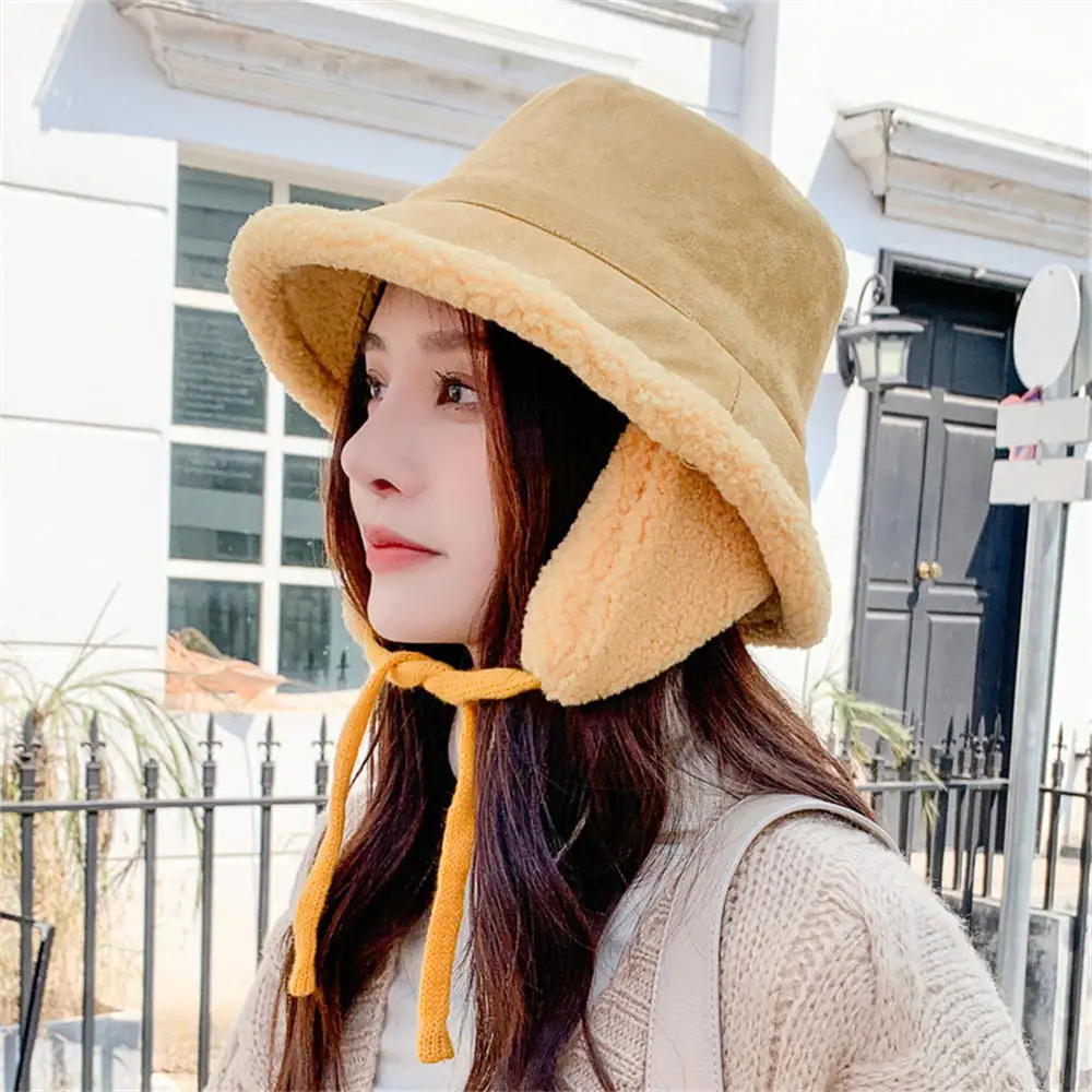 Winter Lamb Fur Fisherman Hat Fur Warm Female Hat Ear Protection Men And Women Bucket Hat Outdoor Sun Hat Panama Hat