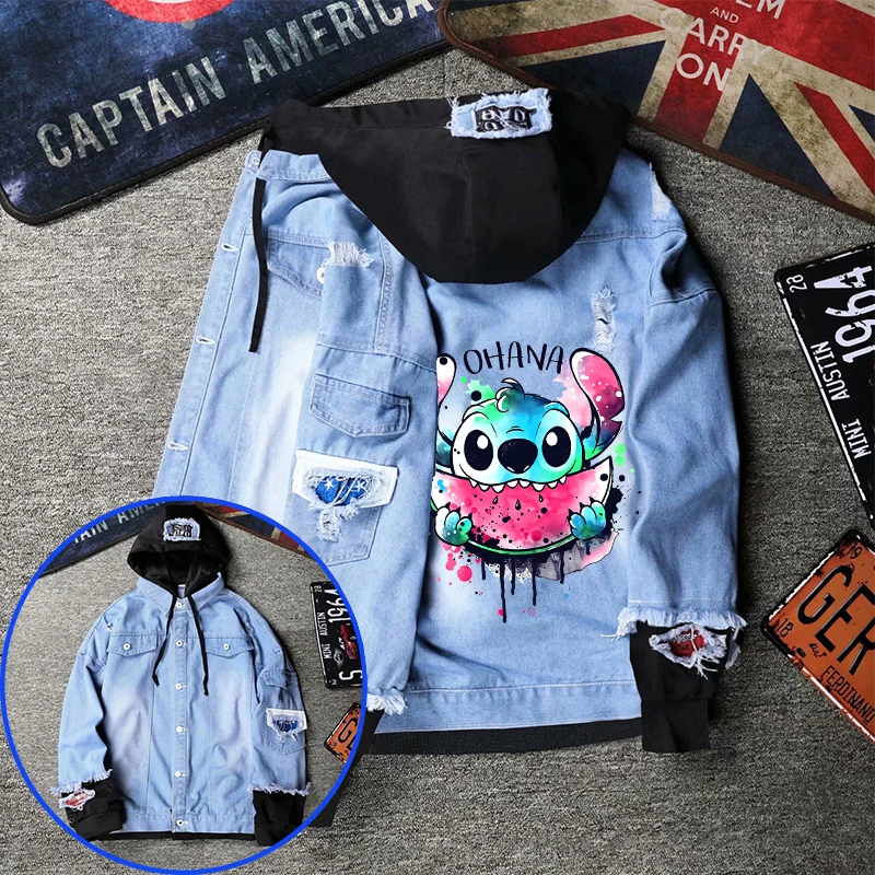 Disney Stitch Unisex Fake Two Denim Jackets for Men Women Drawstring Hoodie Jacket Female Retro Jean Coat Anime Hooded Jacket