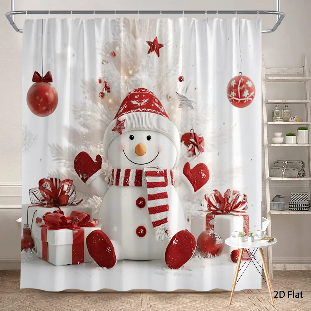 Cute Snowman Christmas Shower Curtain, Red & White Holiday Gift Box Print Waterproof Bathroom Decor, Festive Winter Home Bath