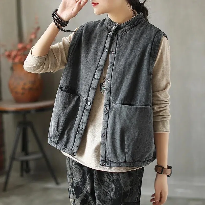 Vintage Denim Vest Jacket Sleeveless Button Cardigan Waistcoat Casual Jeans Chaleco Mujer Autumn Winter Pocket Gilet Femme