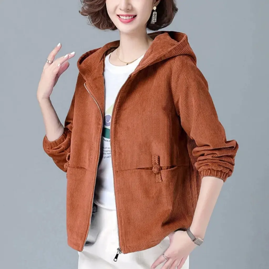 

Women's Corduroy Short Coat Korean Style Loose Fit Autumn Winter Western Baseball Uniform plus Size Hooded Sweater