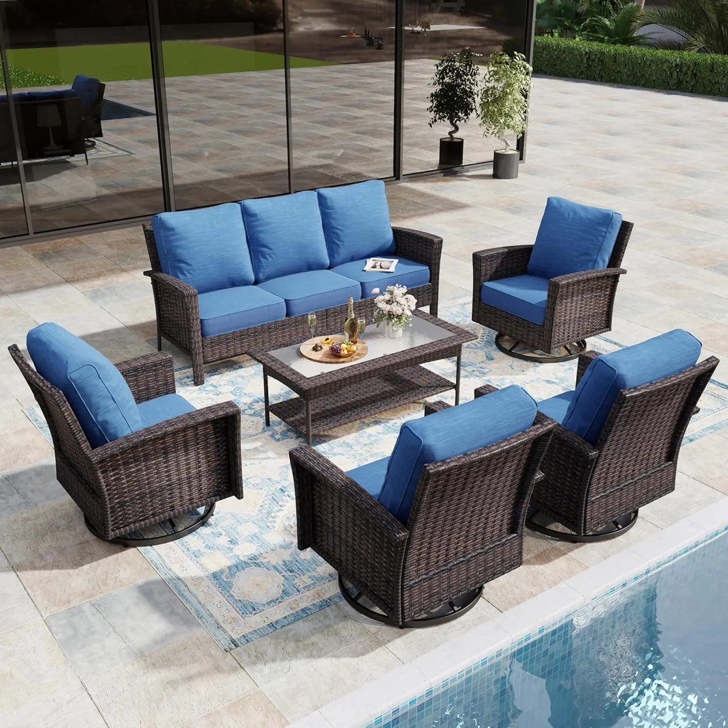 

6-Piece Wicker Patio Furniture Set with Swivel Chairs, High Back Outdoor Sofa with 5.5-inch Thick Cushion,, Customized