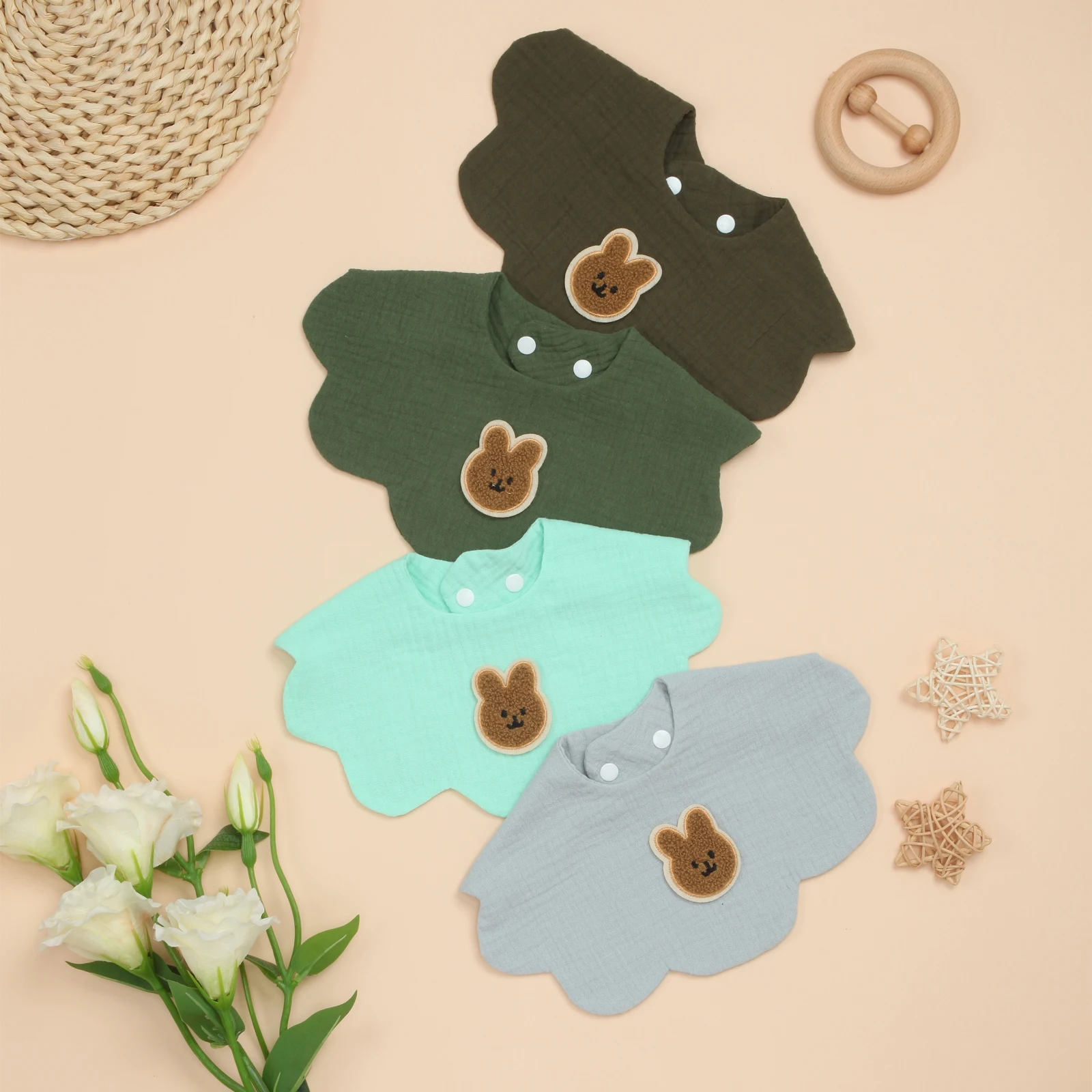 

Cute Bunny Cotton Baby Bibs Soft Absorbent Infant Bib for Drooling, Teething, 4 Pack for Boys & Girls