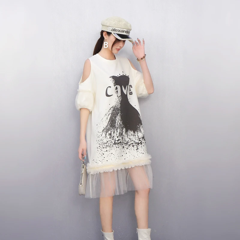 2025 Summer New Elegant Women Loose O-Neck Mesh Off Shoulder T-shirts Long Dresses Ladies Short Sleeve Dress Wholesale J1229