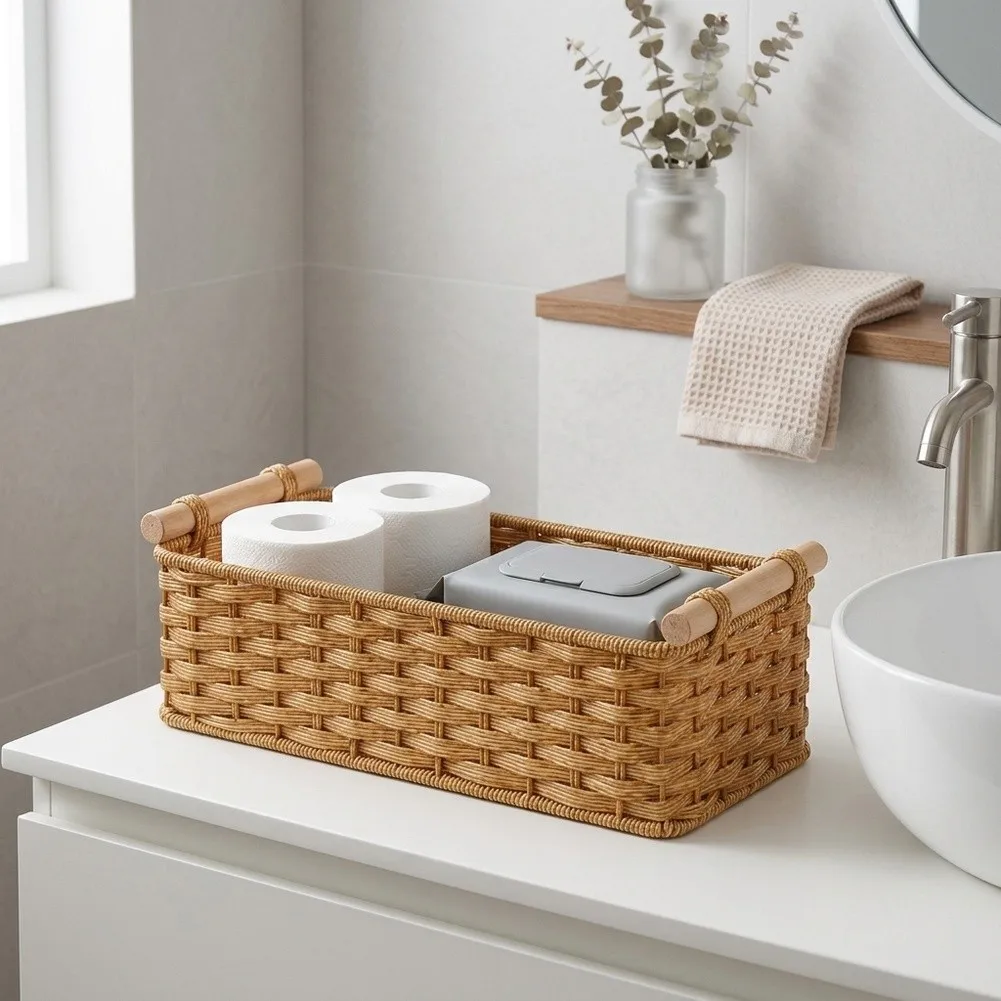 Narrow Bathroom Shelf Woven Bathroom Basket Sturdy Wood Handles Slim Profile Design Woven Bathroom Storage Basket
