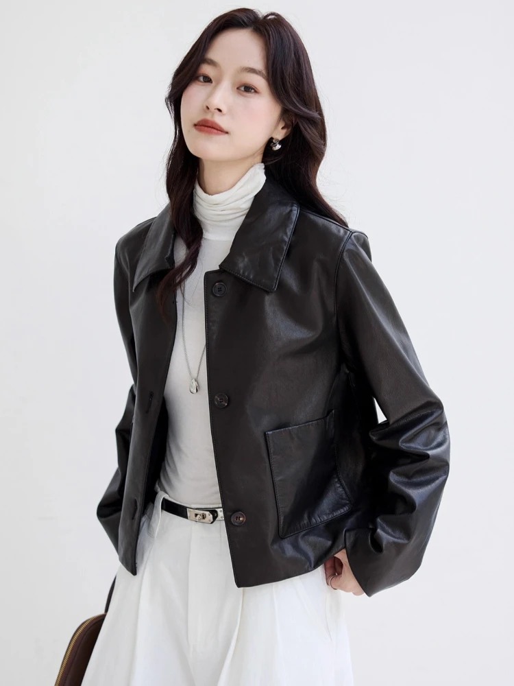 Slim Short Genuine Leather Motorcycle Jacket for Women Spring Autumn 2025 New High-end Simple Oil Wax Real Goatskin Leather Coat