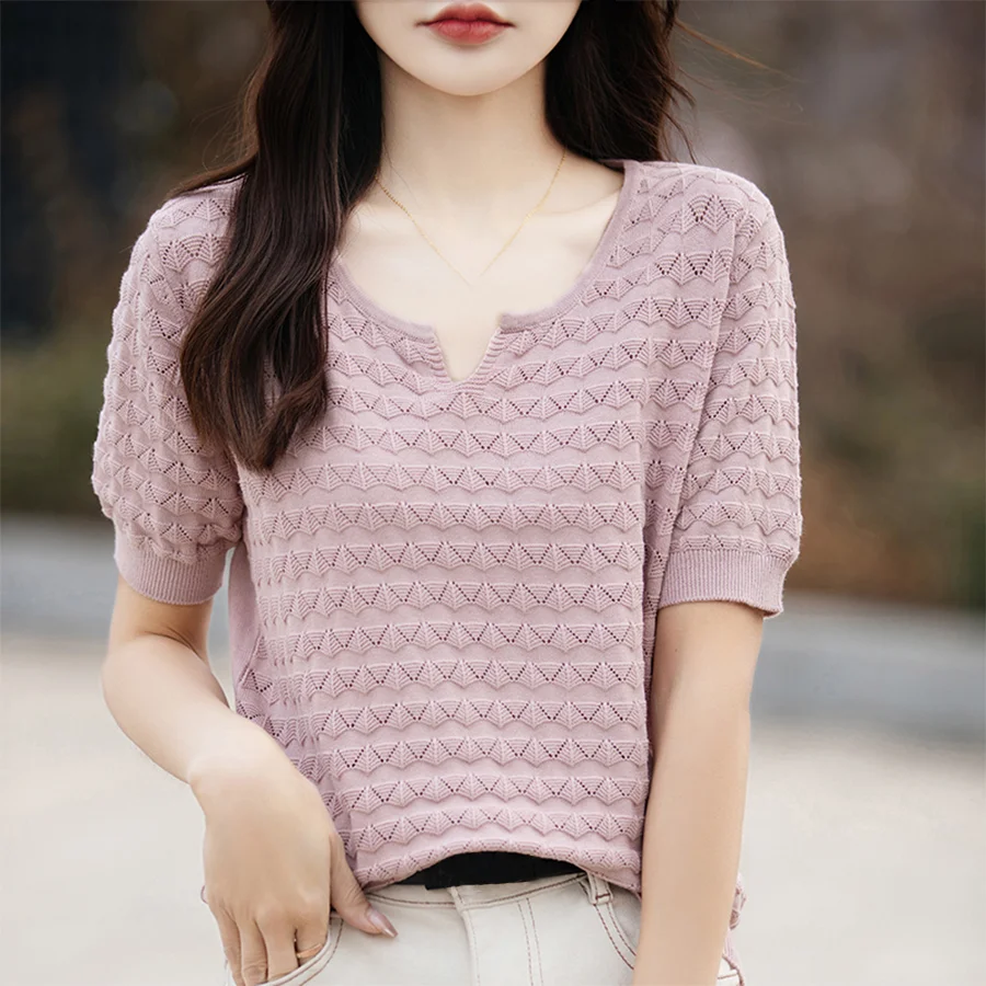 Women\'s T-shirt Summer Knitted Thin Short Sleeve Sweater Cotton Solid V-Neck Ladies Hollow Out Tops Blouse Basic Pullover Tees