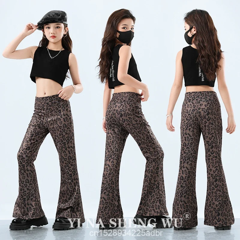 

Новый джазовый костюм для танцев Kpop, черная майка для девочек, расклешенные брюки с леопардовым принтом, модный костюм для выступлений, детский джазовый костюм